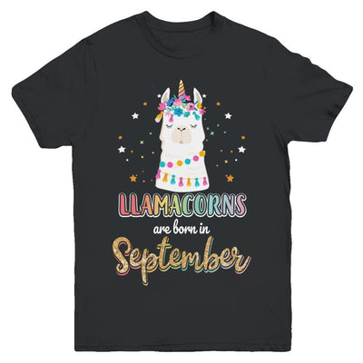 Llama Unicorn Llamacorns Born In September Birthday Gift Youth-Youth Shirt-Youth T-Shirt-Black
