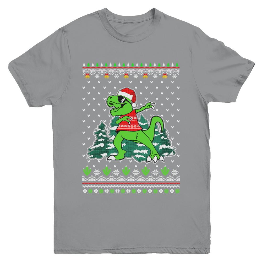 Funny Dab Dabbing Dinosaur Ugly Christmas Sweater Xmas Youth-Youth Shirt-Youth T-Shirt-Sport Grey