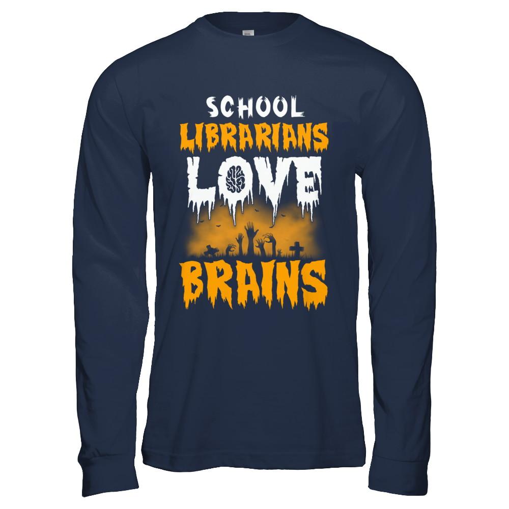 School Librarians Love Brains Halloween Costume-T-Shirt & Hoodie-Long Sleeve T-Shirt-Navy