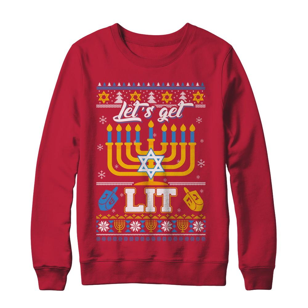 Funny Happy Hanukkah Chanukah Let's Get Lit Ugly Sweater-T-Shirt & Sweatshirt-Crewneck Sweatshirt-Red