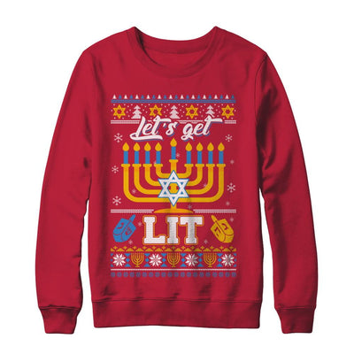 Funny Happy Hanukkah Chanukah Let's Get Lit Ugly Sweater-T-Shirt & Sweatshirt-Crewneck Sweatshirt-Red