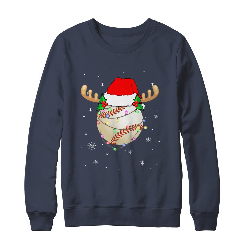 Santa Hat Baseball Reindeer Christmas Gifts-T-Shirt & Sweatshirt-Crewneck Sweatshirt-Navy