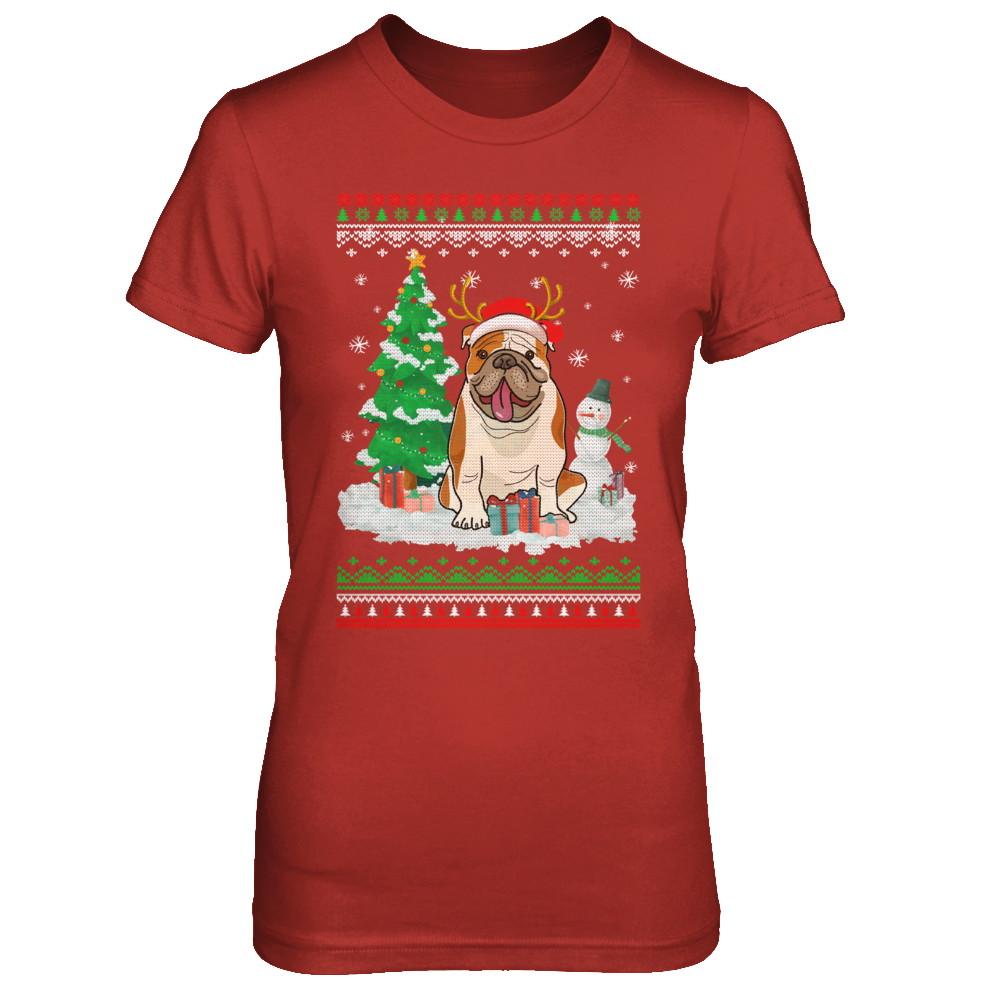 Cute Reindeer Bulldog Christmas Puppie Dog Sweater-T-Shirt & Sweatshirt-Women's T-Shirt-Red