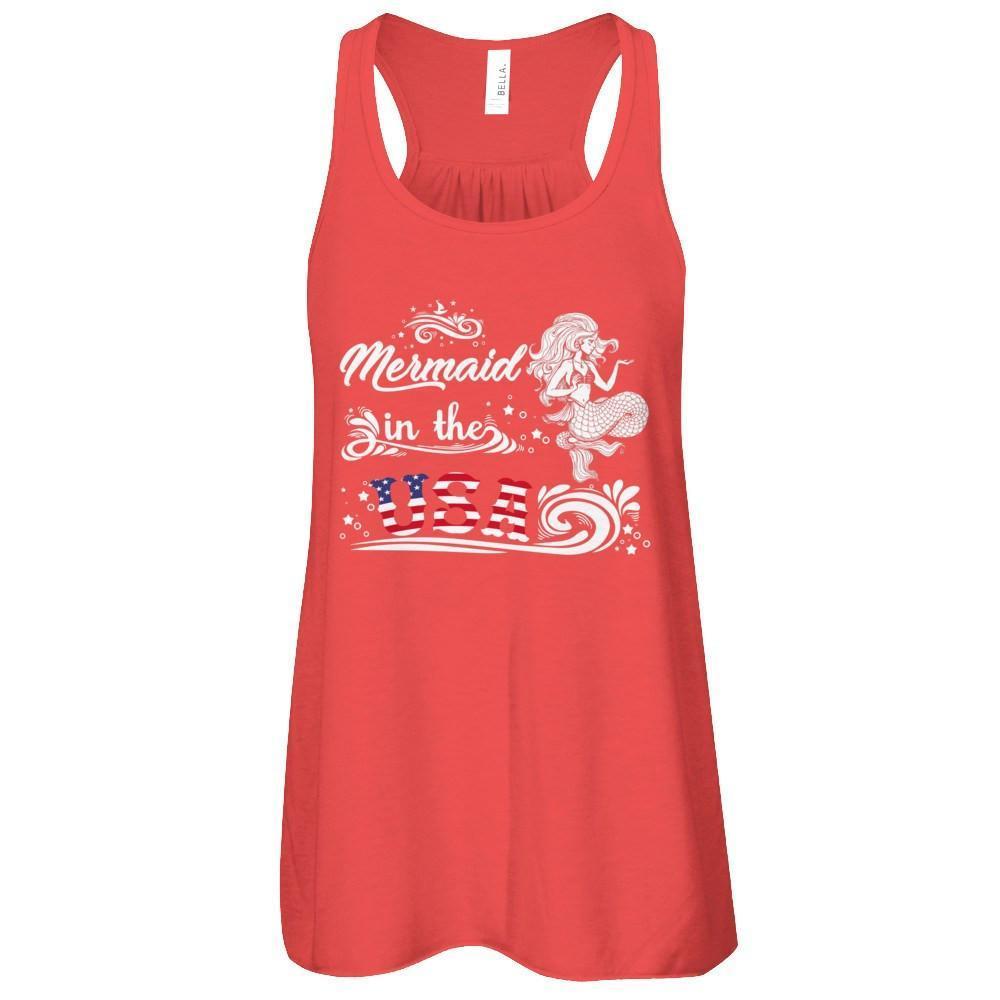 Mermaid In The Usa Flag-T-Shirt & Tank Top-Women's Flowy Racerback Tank-Red