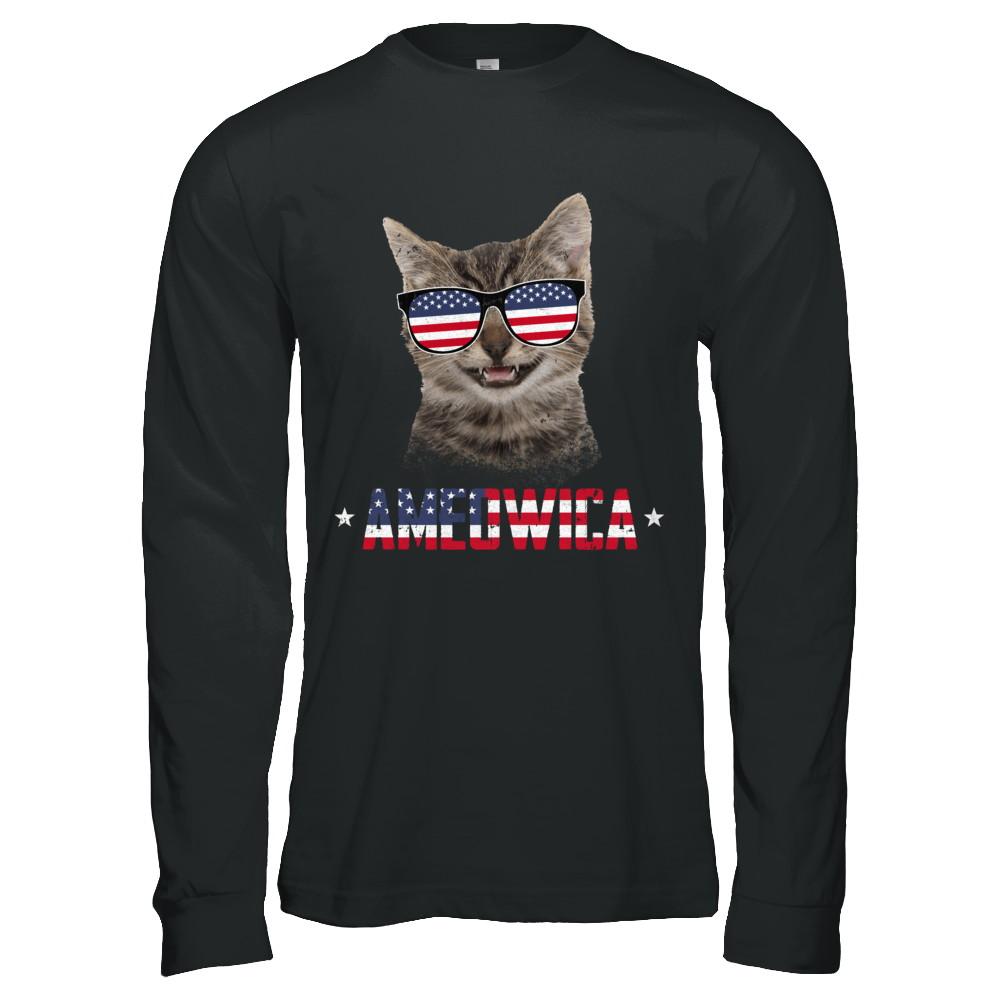 Ameowica 4Th Of July Party Meow Cat American Flag-T-Shirt & Hoodie-Long Sleeve T-Shirt-Black