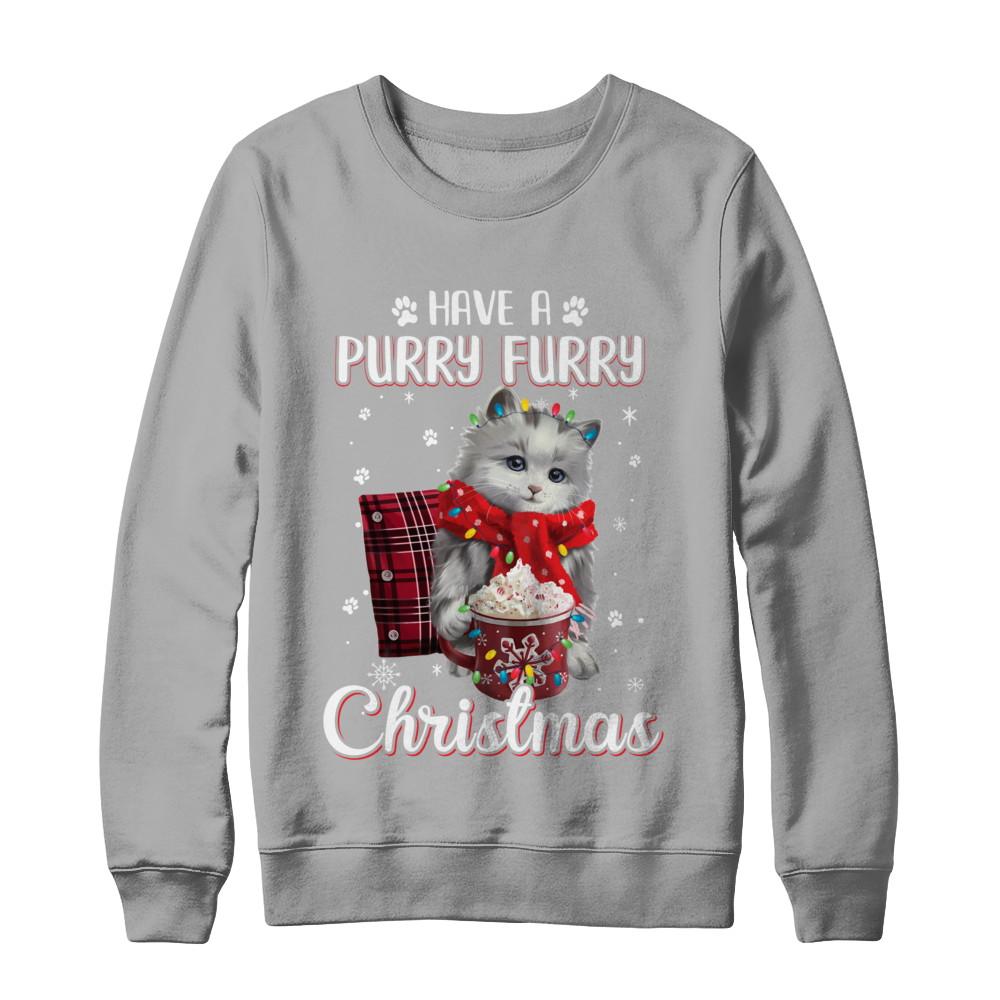 Have A Purry Furry Christmas Funny Holiday Xmas Cat-T-Shirt & Sweatshirt-Crewneck Sweatshirt-Light Steel