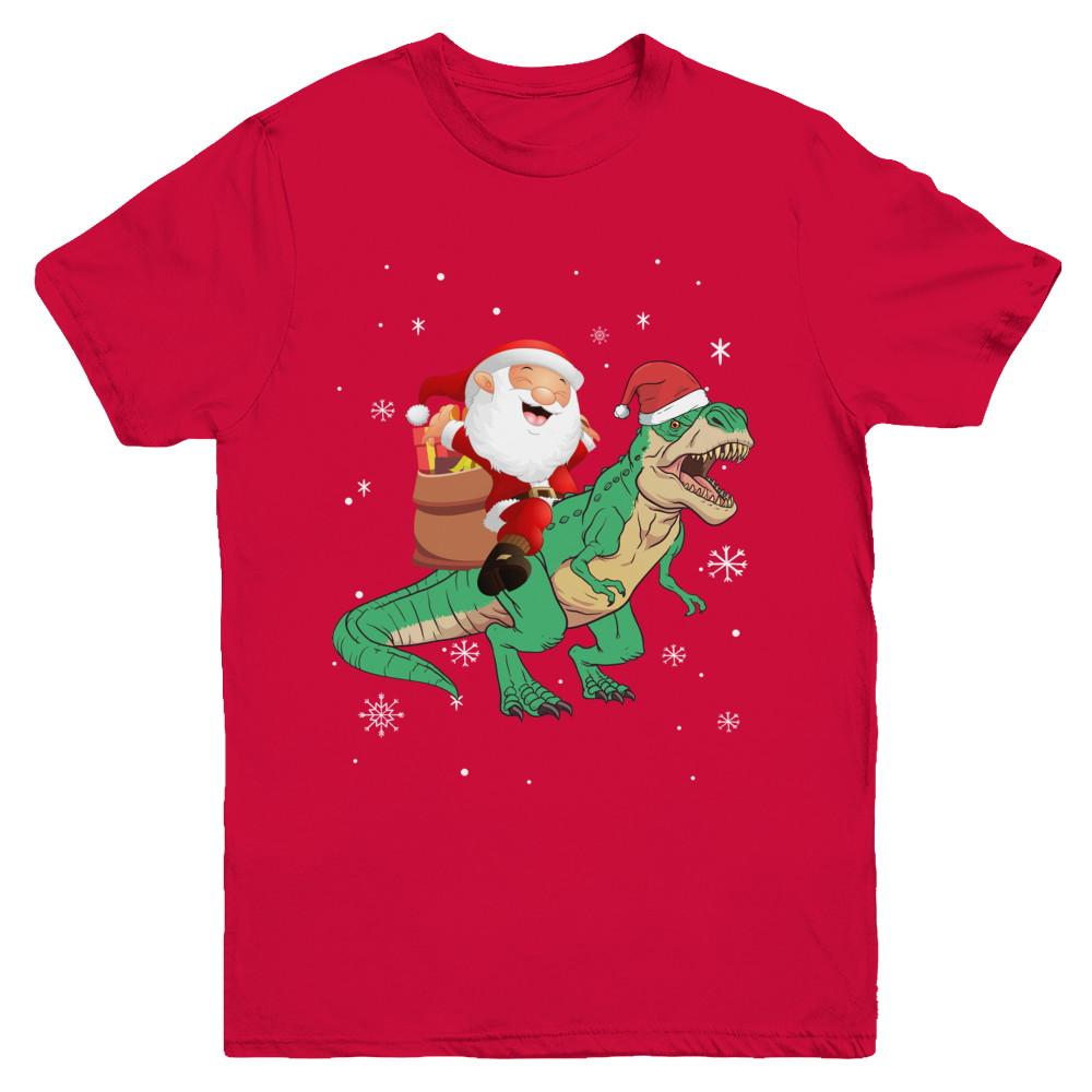 Christmas Santa Kids Dinosaur T-Rex For Boys Kids Youth-Youth Shirt-Youth T-Shirt-Red