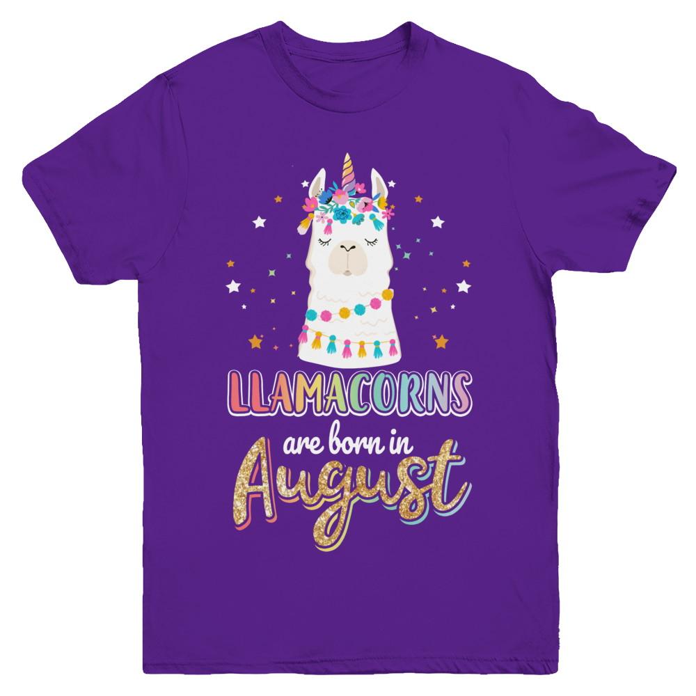 Llama Unicorn Llamacorns Born In August Birthday Gift Youth-Youth Shirt-Youth T-Shirt-Purple