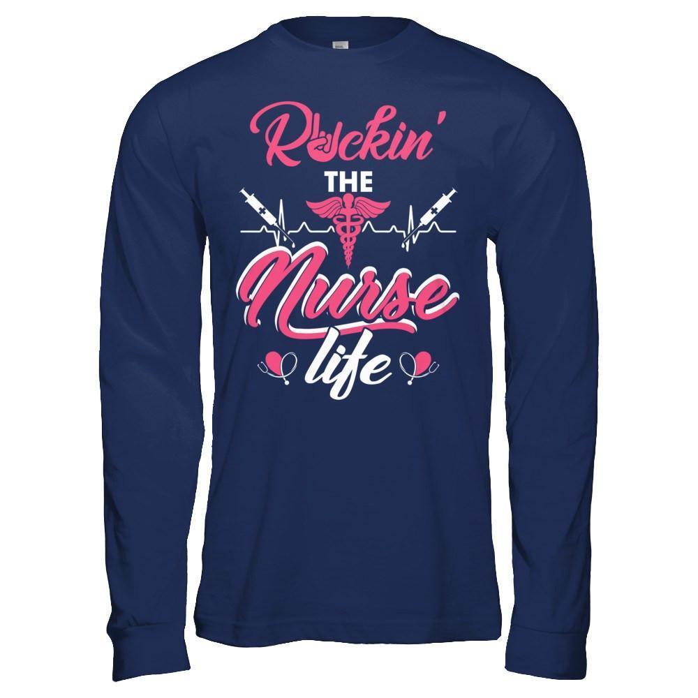 Rockin' The Nurse Life-T-Shirt & Hoodie-Long Sleeve T-Shirt-Navy