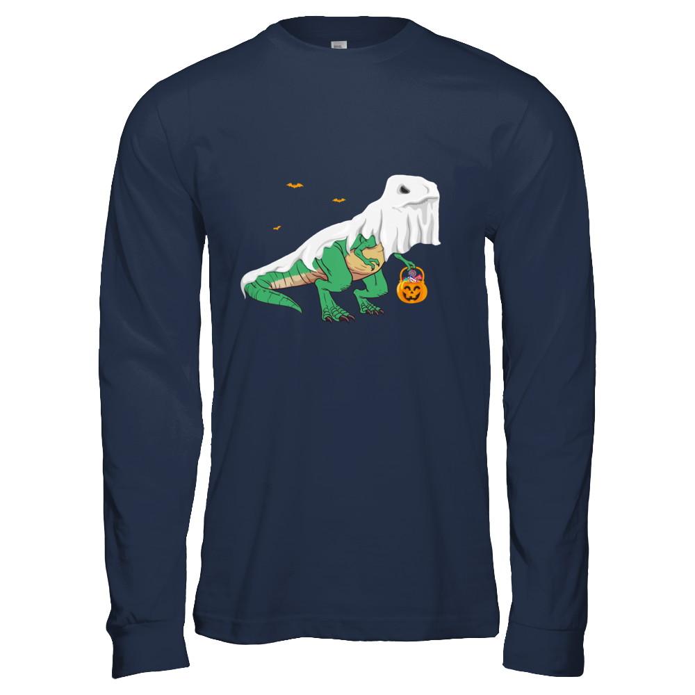 Halloween T Rex Dinosaur Ghost Trick Or Treat-T-Shirt & Hoodie-Long Sleeve T-Shirt-Navy