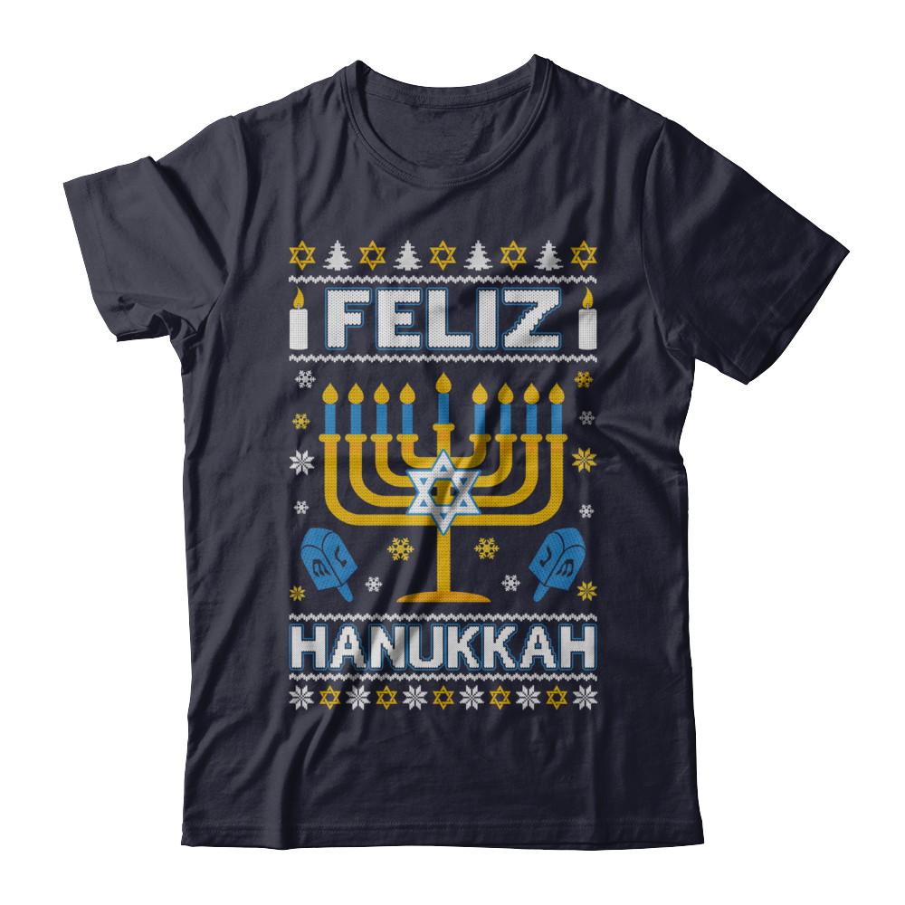 Happy Hanukkah Ugly Sweater Feliz Chanukah Menorah-T-Shirt & Sweatshirt-Premium T-Shirt-Midnight Navy
