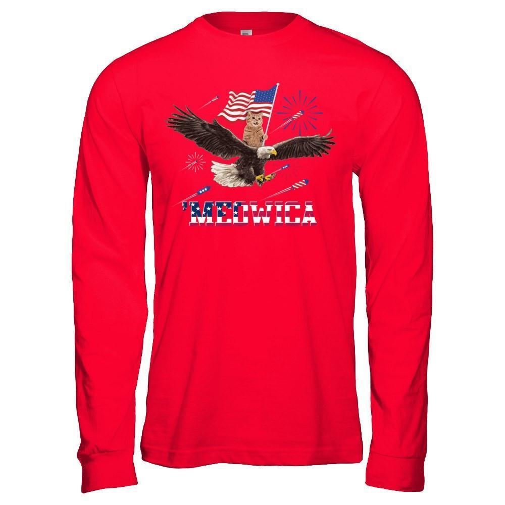 Meowica July 4Th Funny Cat On Eagle Independence Day-T-Shirt & Hoodie-Long Sleeve T-Shirt-Red