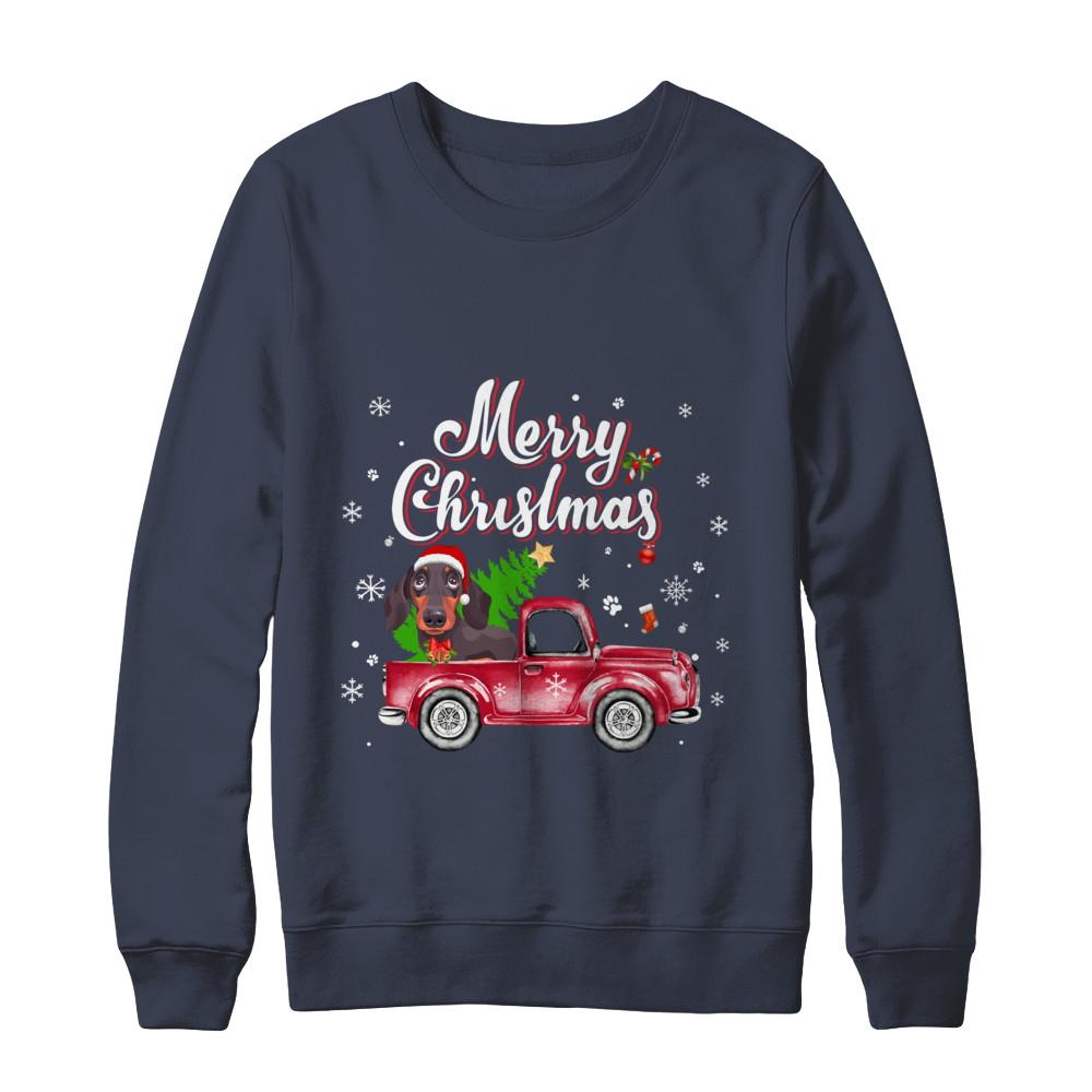 Dachshund Retriever Rides Red Truck Christmas Pajama-T-Shirt & Sweatshirt-Crewneck Sweatshirt-Navy