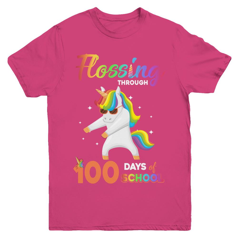 Flossing through 100 Days of School Unicorn Girl Youth-Youth Shirt-Youth T-Shirt-Heliconia