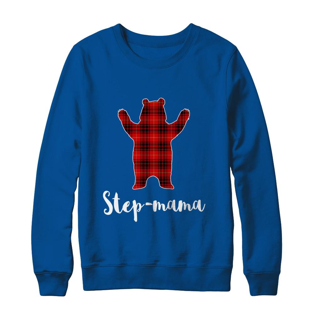 Red Step-Mama Bear Buffalo Plaid Family Christmas Pajamas-T-Shirt & Sweatshirt-Crewneck Sweatshirt-Deep Royal