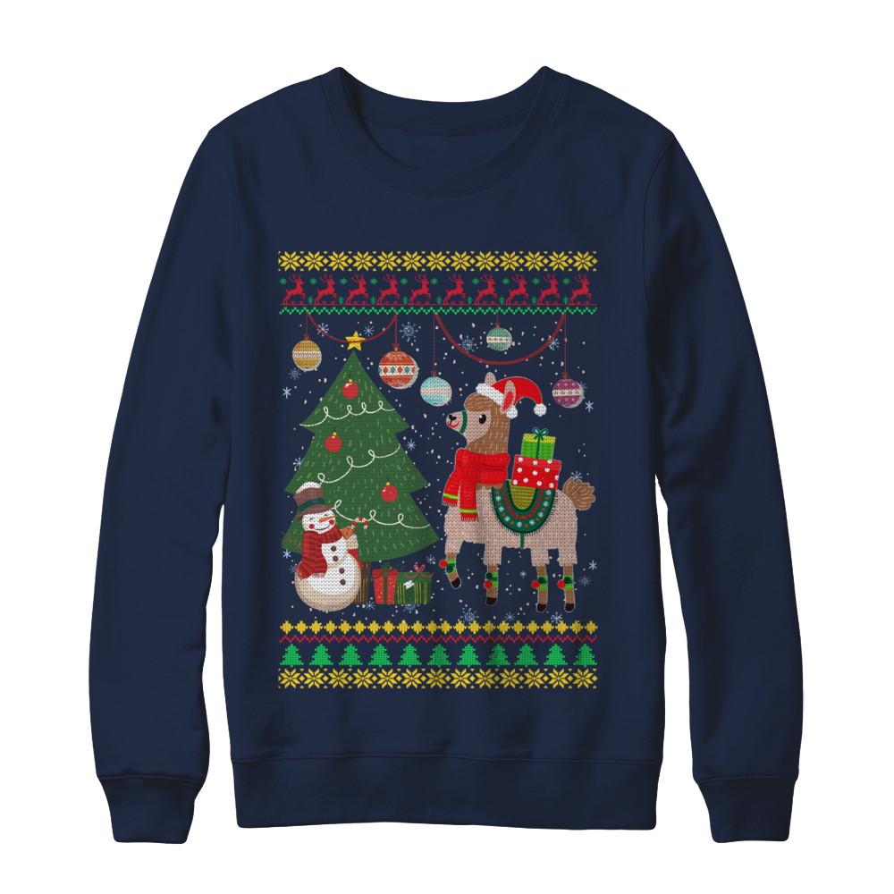 Funny Llama Christmas Cute Family Ugly Sweater-T-Shirt & Sweatshirt-Crewneck Sweatshirt-Navy