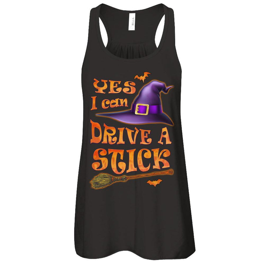 Yes I Can Drive A Stick Funny Halloween Witch Broom-T-Shirt & Tank Top-Women's Flowy Racerback Tank-Black