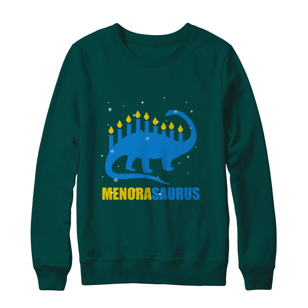Funny Hanukkah Dinosaur Menorah Brontosaurus Menorasaurus-T-Shirt & Sweatshirt-Crewneck Sweatshirt-Deep Forest