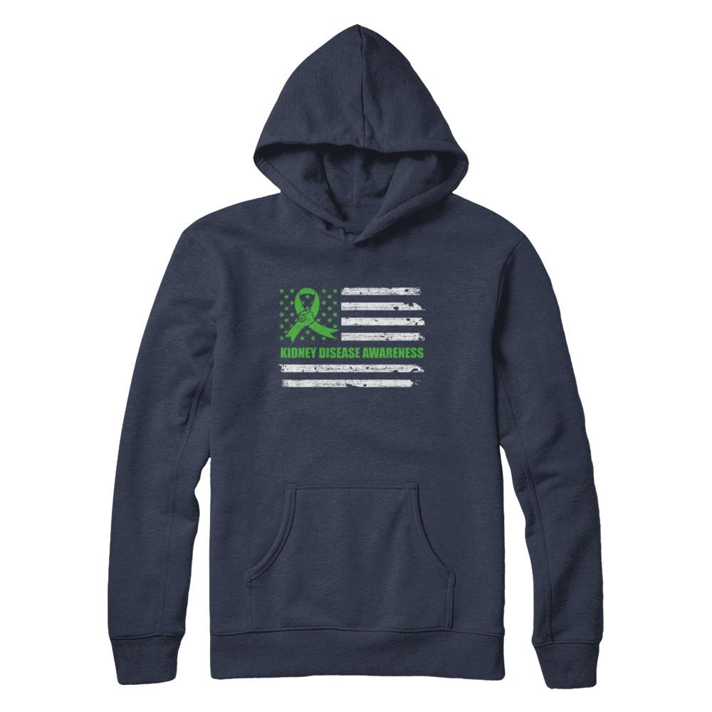 Green Ribbon Kidney Disease Awareness US Flag-T-Shirt & Hoodie-Pullover Hoodie-Navy