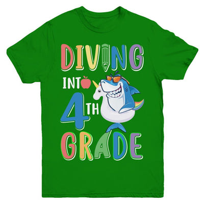 Diving Into 4th Grade Back To School Shark Youth-Youth Shirt-Youth T-Shirt-Irish Green