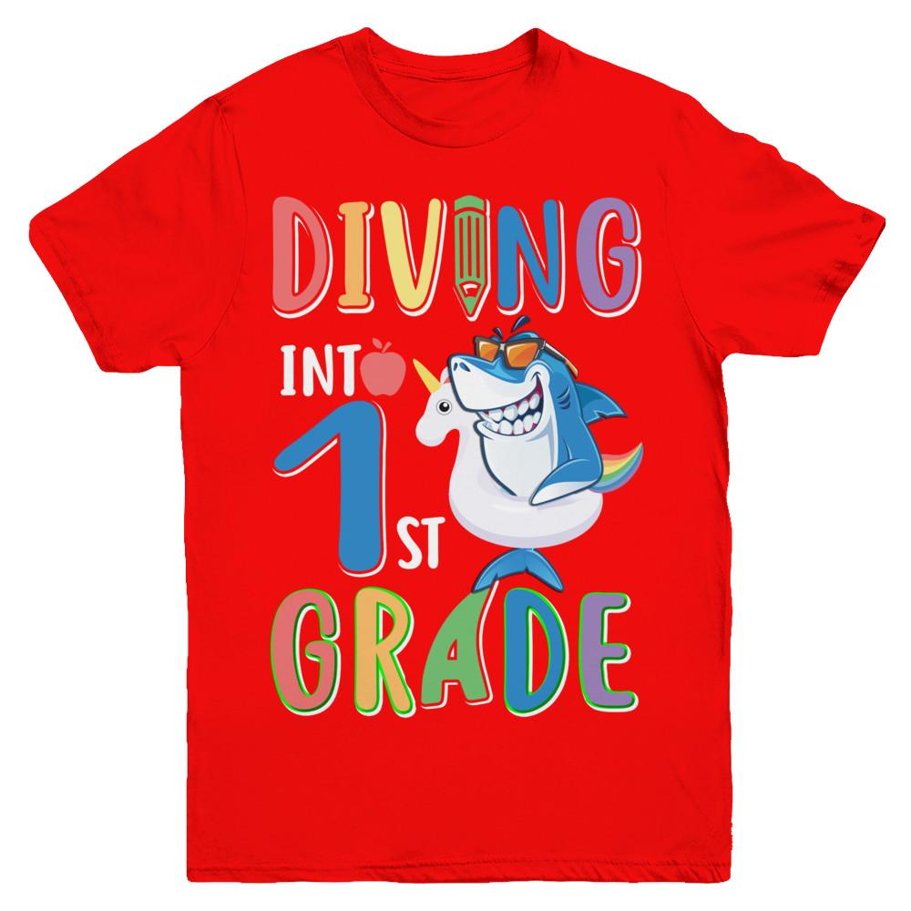 Diving Into 1st Grade Back To School Shark Youth-Youth Shirt-Youth T-Shirt-Red