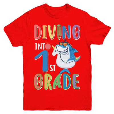 Diving Into 1st Grade Back To School Shark Youth-Youth Shirt-Youth T-Shirt-Red