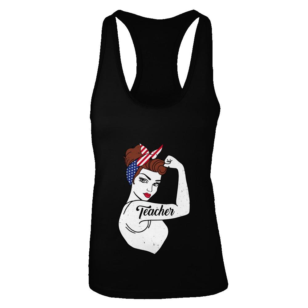 Teacher Vet Strong Woman American Flag Nursing 4Th Of July-T-Shirt & Tank Top-Women's Ideal Racerback Tank-Black