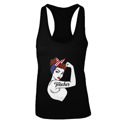 Teacher Vet Strong Woman American Flag Nursing 4Th Of July-T-Shirt & Tank Top-Women's Ideal Racerback Tank-Black