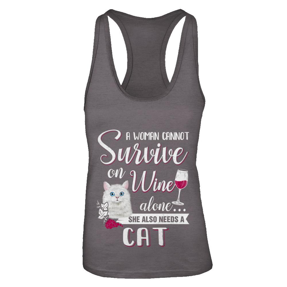 A Woman Can't Survive On Wine Alone Cat-T-Shirt & Tank Top-Women's Ideal Racerback Tank-Dark Grey