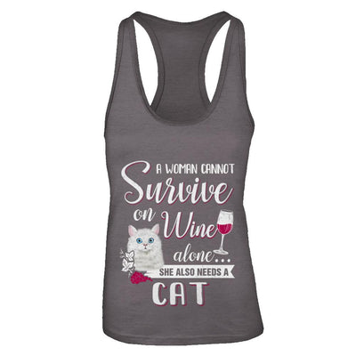 A Woman Can't Survive On Wine Alone Cat-T-Shirt & Tank Top-Women's Ideal Racerback Tank-Dark Grey
