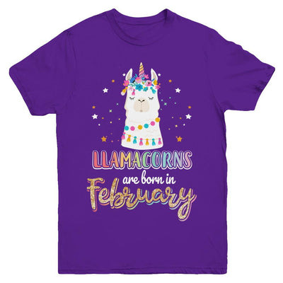 Llama Unicorn Llamacorns Born In February Birthday Gift Youth-Youth Shirt-Youth T-Shirt-Purple
