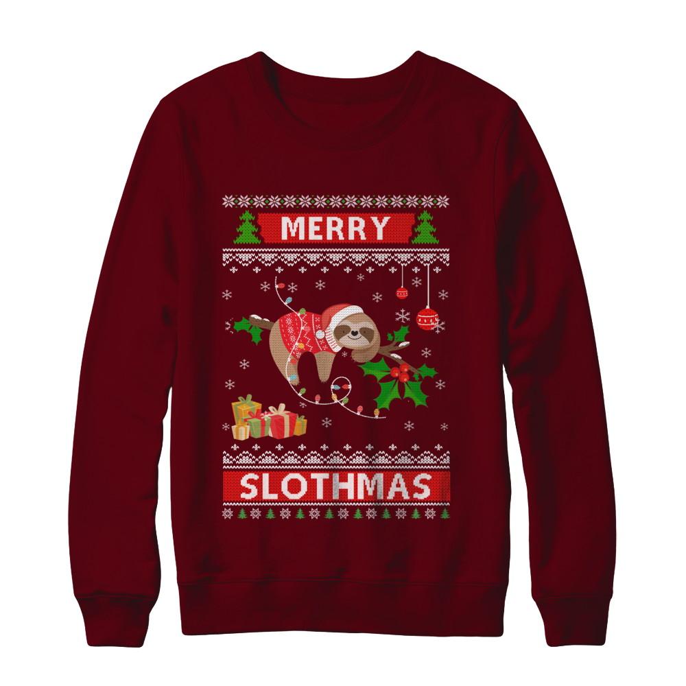 Merry Slothmas Funny Sloth Ugly Christmas Sweater-T-Shirt & Sweatshirt-Crewneck Sweatshirt-Maroon