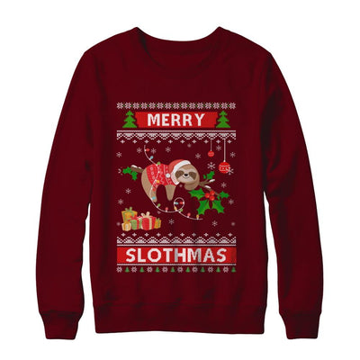 Merry Slothmas Funny Sloth Ugly Christmas Sweater-T-Shirt & Sweatshirt-Crewneck Sweatshirt-Maroon