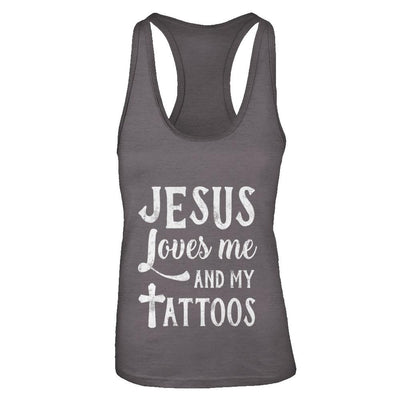 Jesus Just Love Me And My Tattoos Funny Christian-T-Shirt & Tank Top-Women's Ideal Racerback Tank-Dark Grey