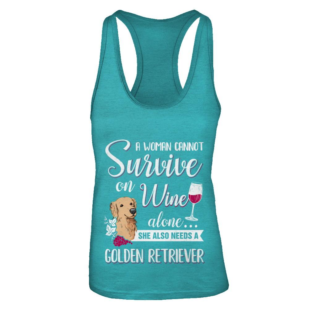 A Woman Can't Survive On Wine Alone Golden Retriever Dog-T-Shirt & Tank Top-Women's Ideal Racerback Tank-Tahiti Blue