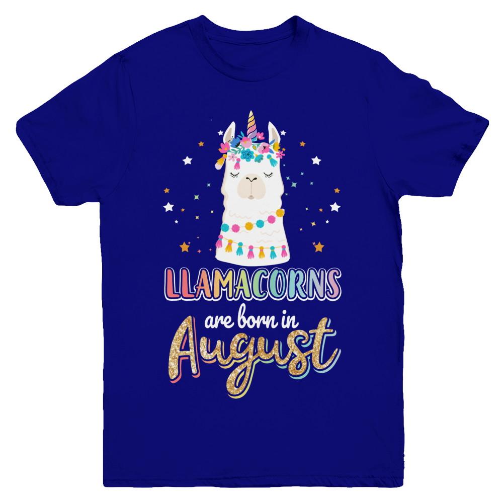 Llama Unicorn Llamacorns Born In August Birthday Gift Youth-Youth Shirt-Youth T-Shirt-Navy