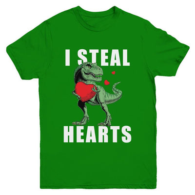 I Steal Hearts Funny Valentines Day Dinosaur T-Rex Boys Youth-Youth Shirt-Youth T-Shirt-Irish Green