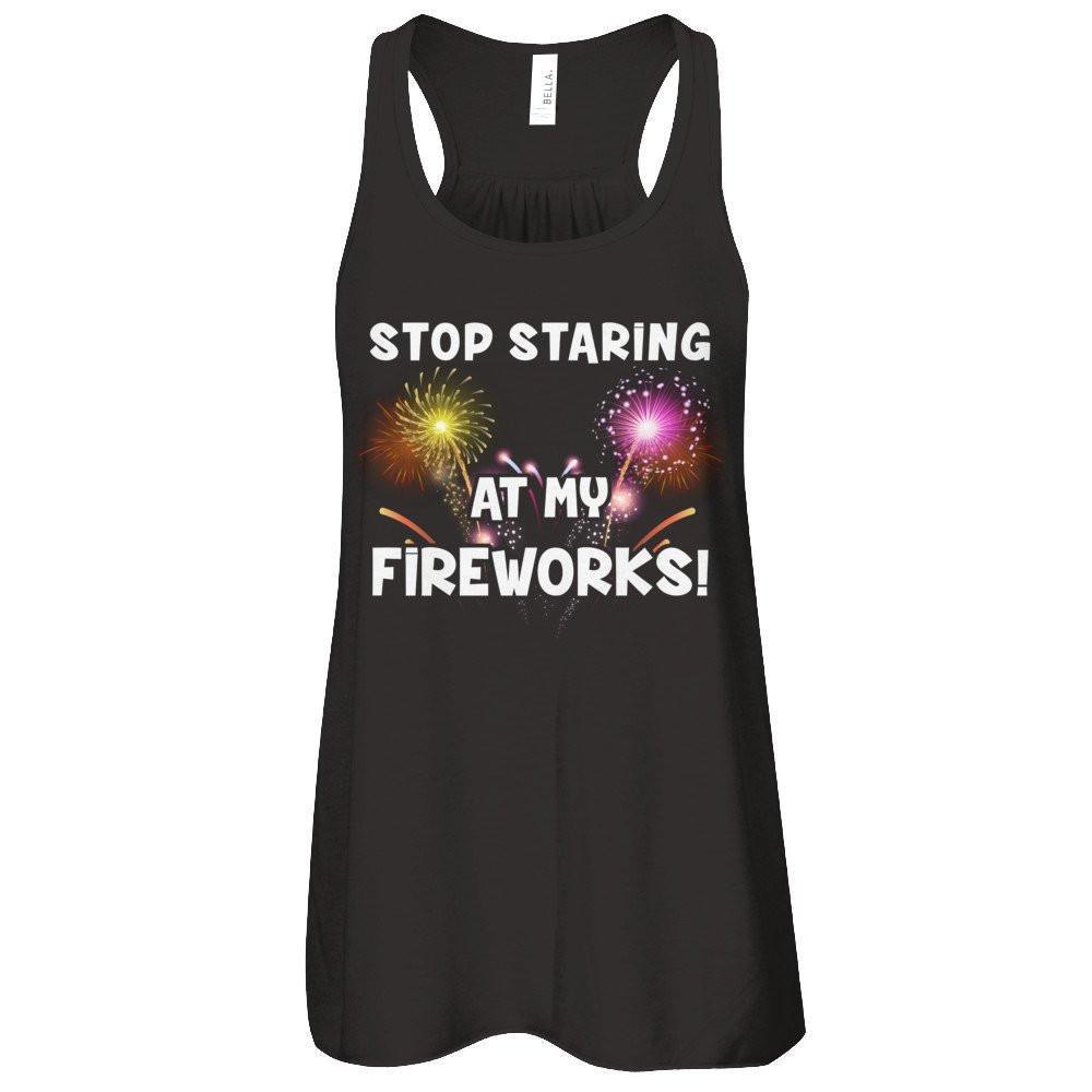 Stop Staring At My Fireworks-T-Shirt & Tank Top-Women's Flowy Racerback Tank-Black