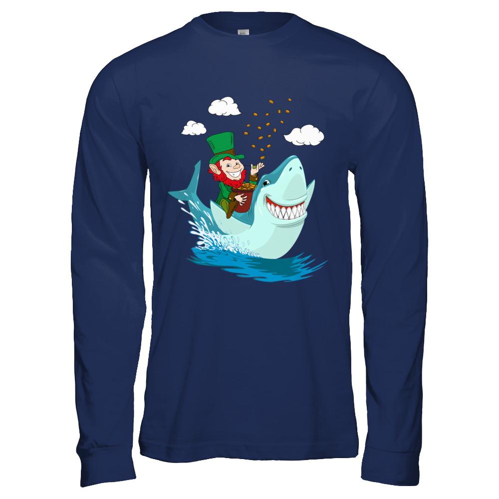 St Patricks Day Leprechaun Riding Shark-T-Shirt & Hoodie-Long Sleeve T-Shirt-Navy