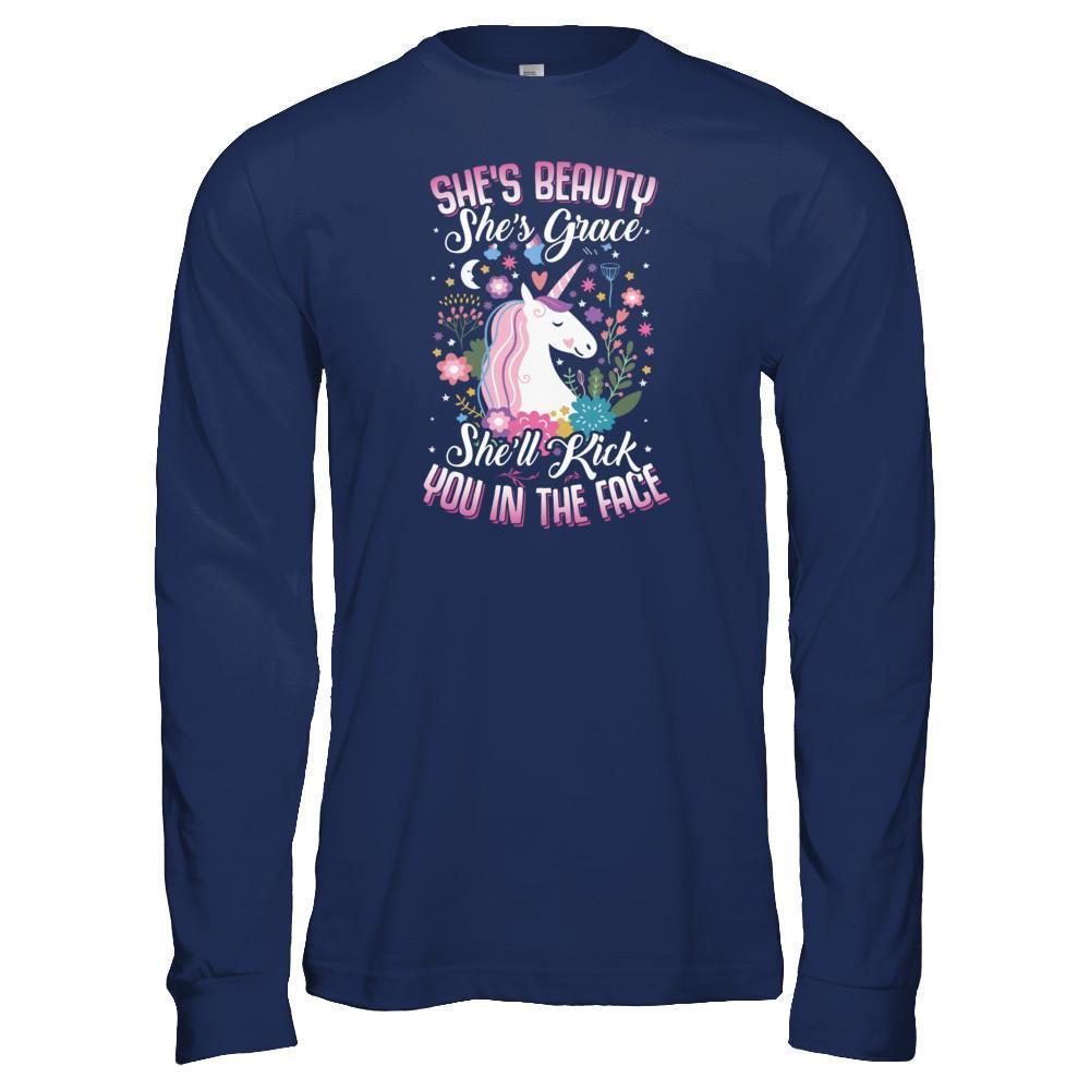 She's Beauty She's Grace She'll Kick You In The Face Unicorn Lover-T-Shirt & Tank Top-Long Sleeve T-Shirt-Navy