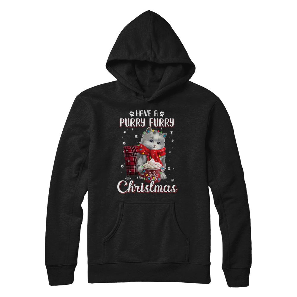 Have A Purry Furry Christmas Funny Holiday Xmas Cat-T-Shirt & Sweatshirt-Pullover Hoodie-Black