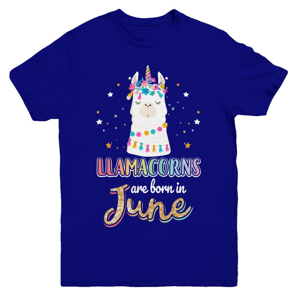 Llama Unicorn Llamacorns Born In June Birthday Gift Youth-Youth Shirt-Youth T-Shirt-Navy