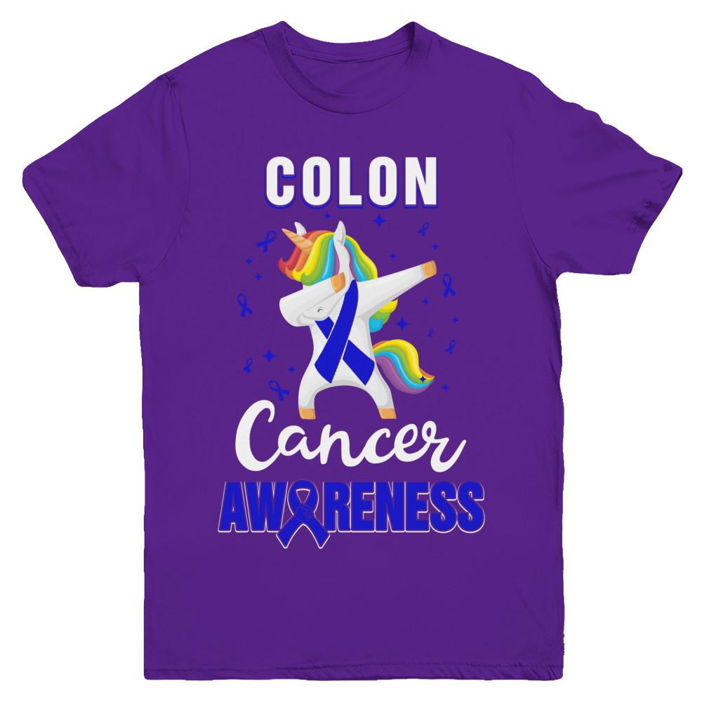 Inspirational Colon Cancer Awareness Unicorn Support Youth-Youth Shirt-Youth T-Shirt-Purple
