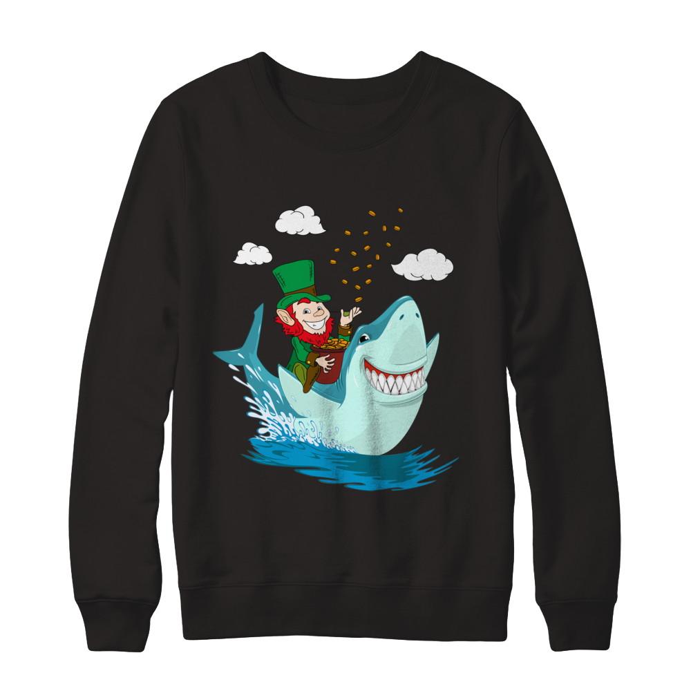 St Patricks Day Leprechaun Riding Shark-T-Shirt & Hoodie-Crewneck Sweatshirt-Black
