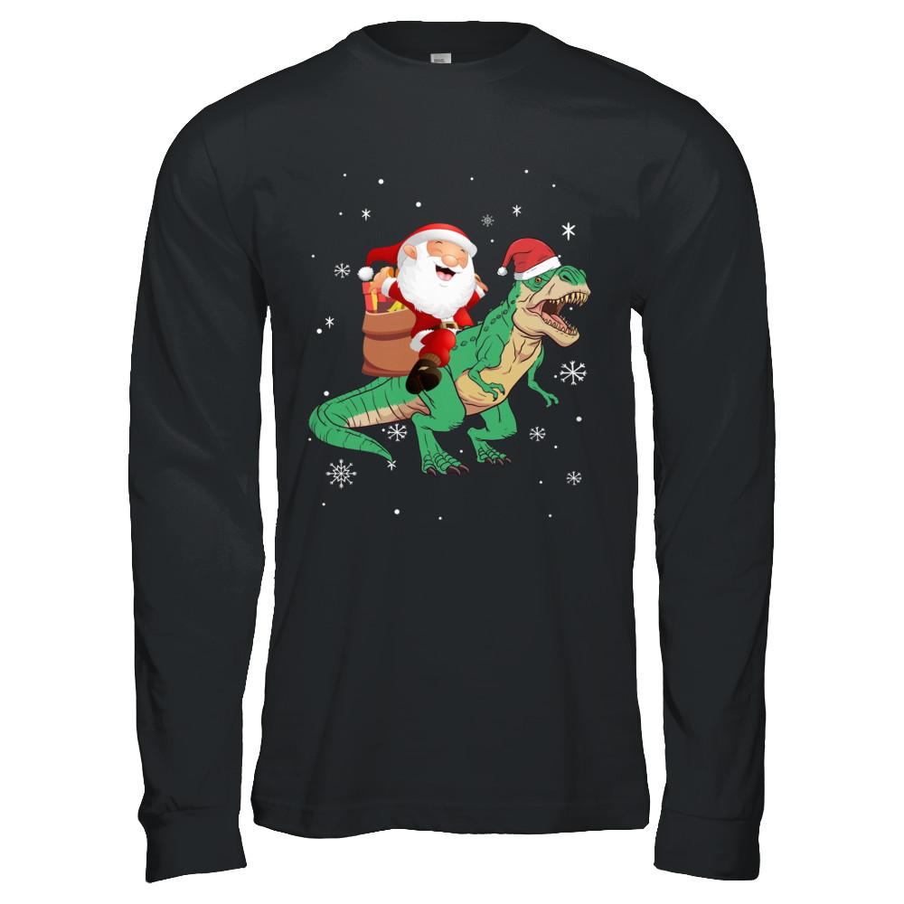 Christmas Santa Kids Dinosaur T-Rex For Boys Kids-T-Shirt & Hoodie-Long Sleeve T-Shirt-Black