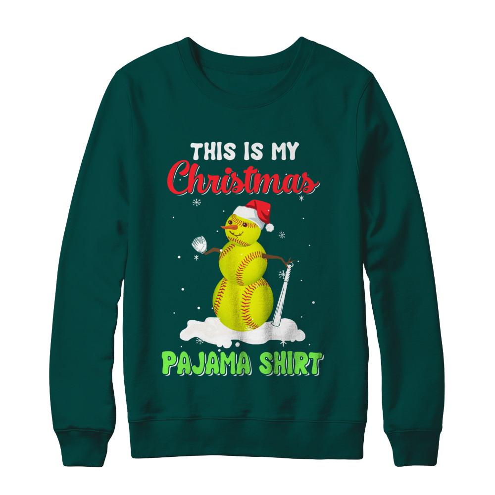This Is My Christmas Pajama Xmas Snowman Softball-T-Shirt & Sweatshirt-Crewneck Sweatshirt-Deep Forest