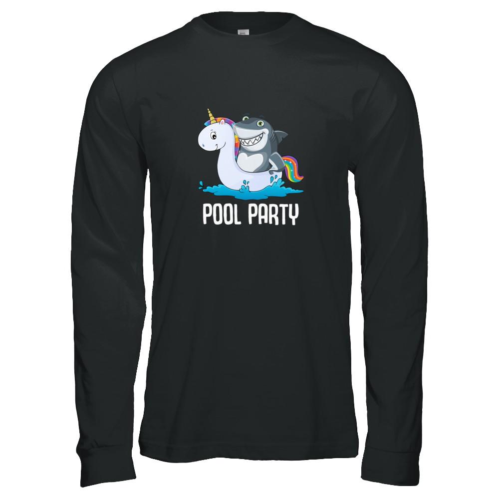 Pool Party Unicorn Float Funny Shark-T-Shirt & Tank Top-Long Sleeve T-Shirt-Black