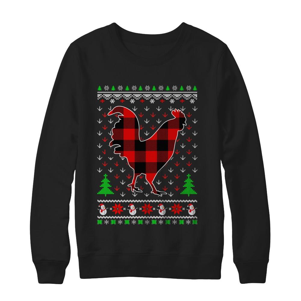 Funny Holiday Chicken Buffalo Plaid Ugly Christmas Sweater-T-Shirt & Sweatshirt-Crewneck Sweatshirt-Black