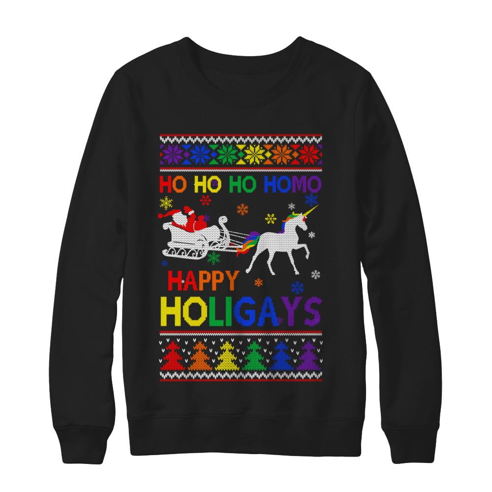 Ho Ho Ho Santa Riding Unicorrn Happy Holigays LGBT-T-Shirt & Sweatshirt-Crewneck Sweatshirt-Black