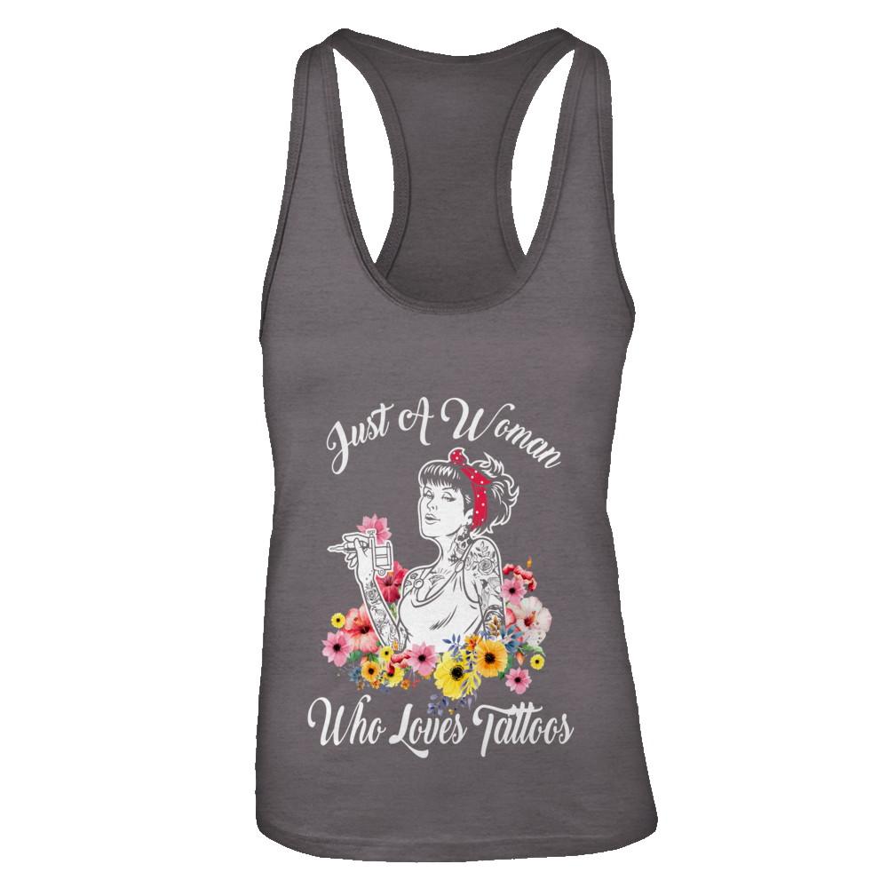 Just A Woman Who Loves Tattoos-T-Shirt & Tank Top-Women's Ideal Racerback Tank-Dark Grey